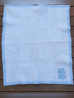 Triboro Baby Blanket Blue Teddy Bear Polyester Blanket 43x38 Vintage Style 4063